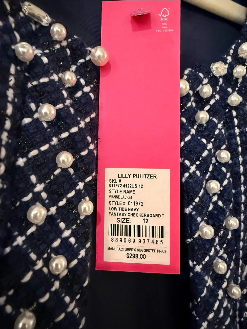 Lilly Pulitzer Navy and White Pearl-Embellished Tweed Jacket